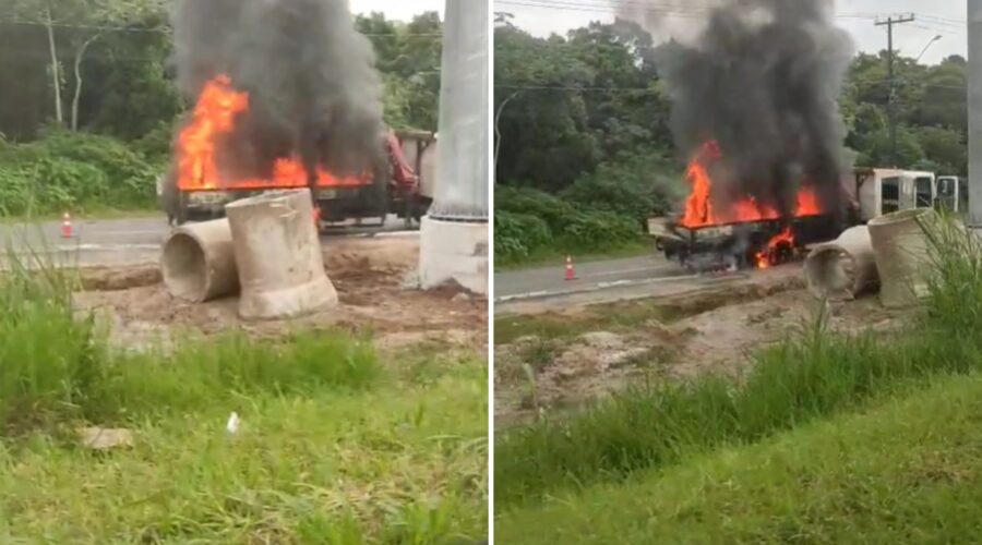Incêndio destrói caminhão que transportava gerador elétrico em Praia Grande; VÍDEO