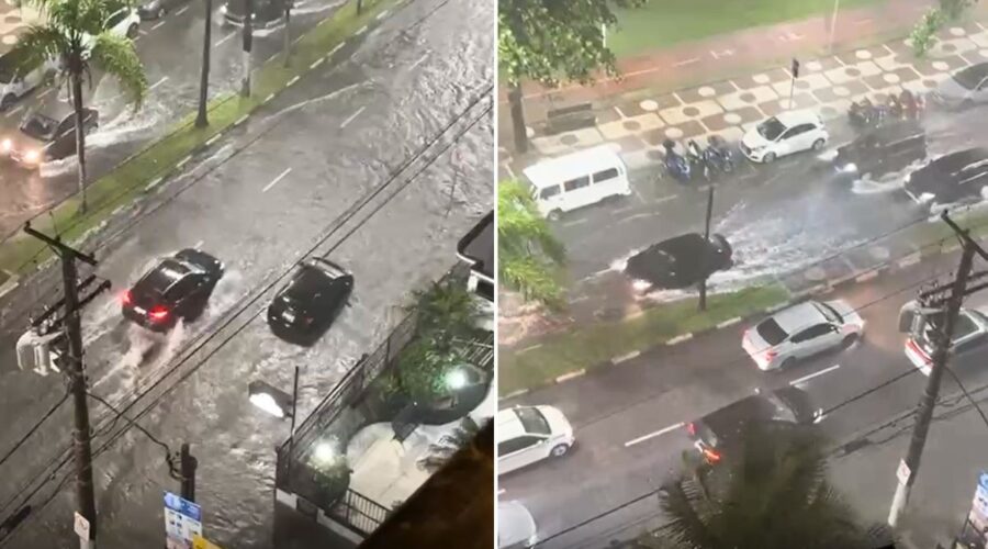 Temporal causa caos e transforma avenida da praia em rio no litoral de SP; VÍDEO