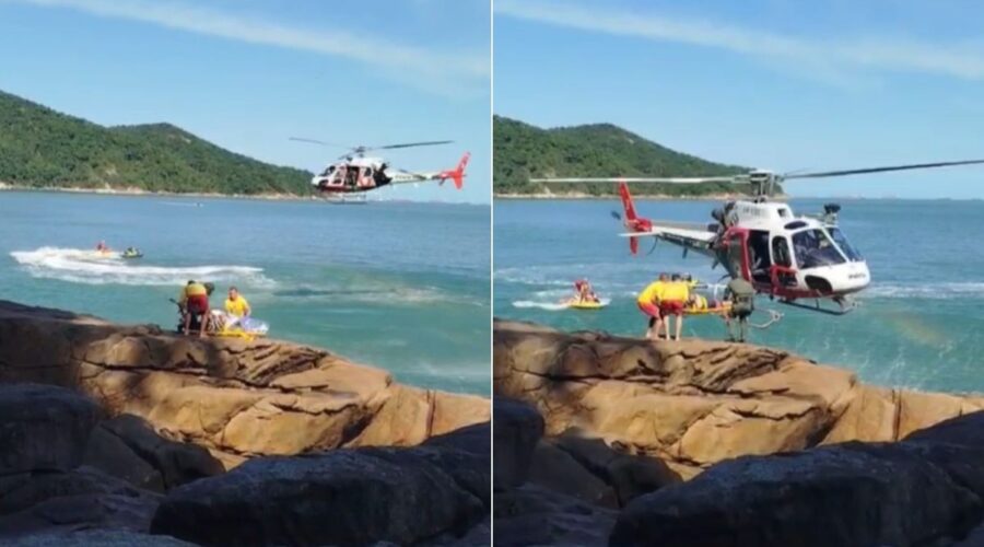 Turista é salvo após cair de pedra enquanto pescava em praia do litoral de SP; VÍDEO