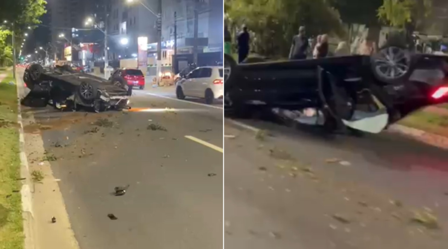 Motorista bêbado é preso após bater em poste e capotar carro em avenida de Guarujá, SP; VÍDEO