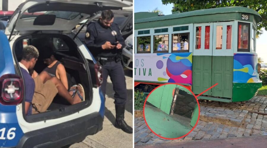 Dupla vai para a delegacia após vandalizar bonde histórico de Santos, SP
