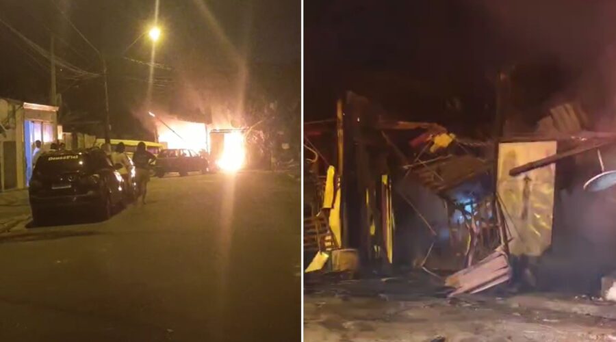 Incêndio destrói casa cheia de recicláveis e mobiliza bombeiros em Praia Grande, SP; VÍDEO