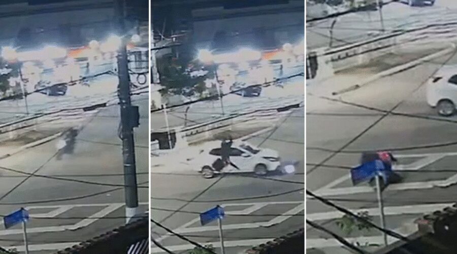 Motociclista dá cambalhota após ser arremessado em batida em Santos, SP, e recusa atendimento; VEJA