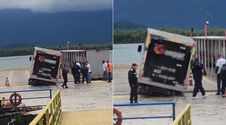 Caminhão fica 3h suspenso entre balsa e píer na travessia Guarujá-Bertioga; VÍDEO
