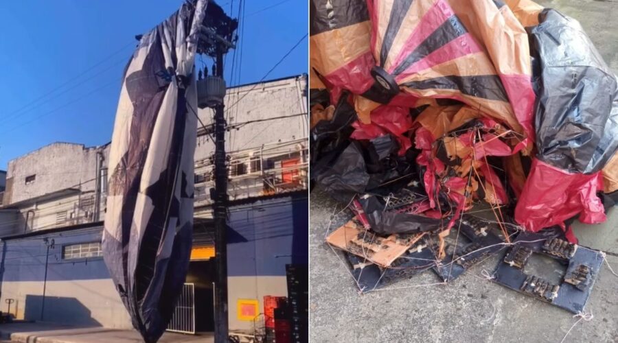 Balões gigantes assustam moradores, caem em poste e dentro de empresa na Baixada Santista, SP; veja