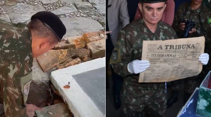 Cápsula do tempo aberta após 104 anos revela exemplar intacto de jornal do litoral de SP; VÍDEO