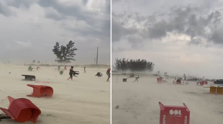 Ventania arrasta mesas, cadeiras e assusta banhistas em praia de SP; VÍDEO