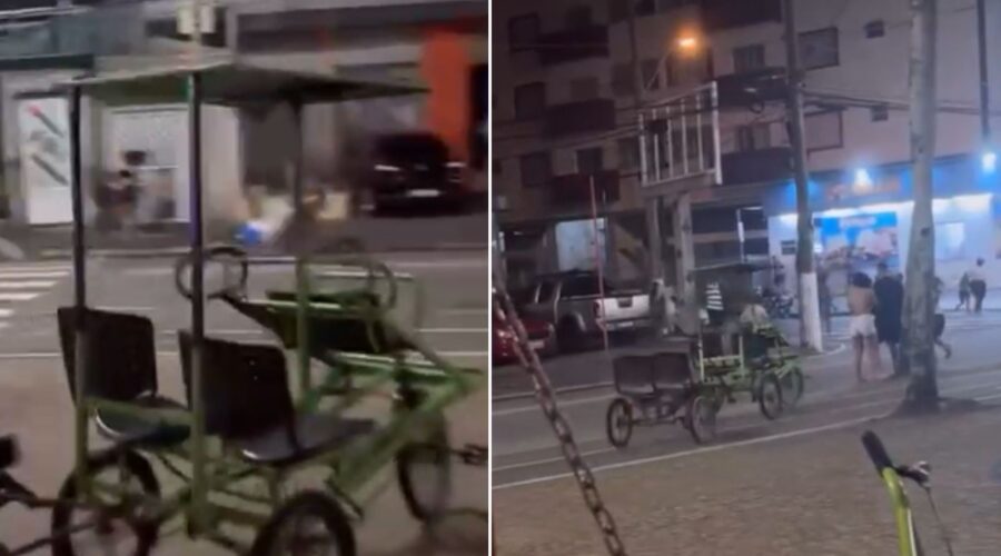 Triciclo é arrastado por ventania e atropela casal em Praia Grande; VEJA