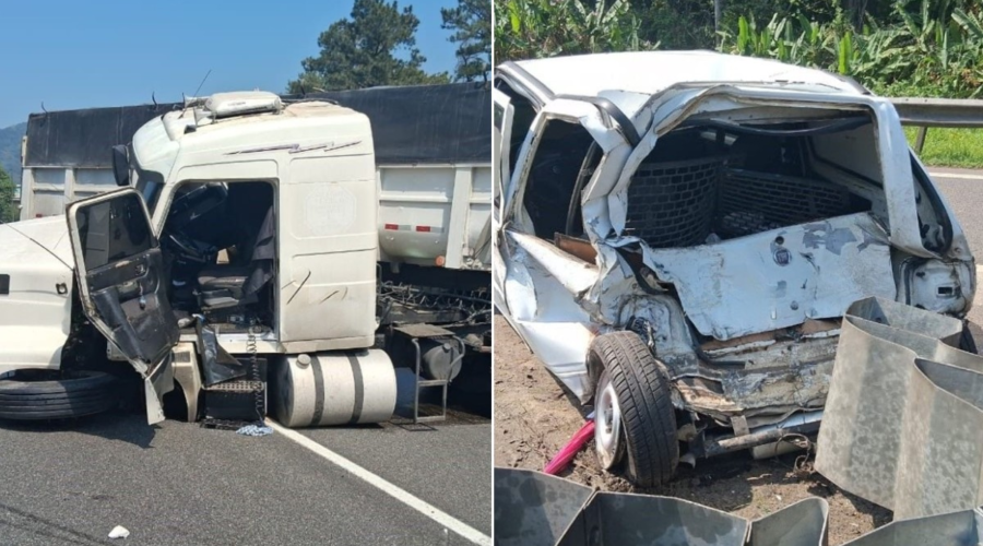 Carreta bate em carro, derrama óleo diesel e motorista fica ferido na Cônego D. Rangoni, SP