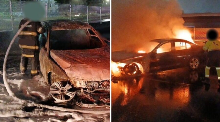 Carro furtado pega fogo após bater em barreira de concreto na Rodovia Pe. Manoel da Nóbrega, SP