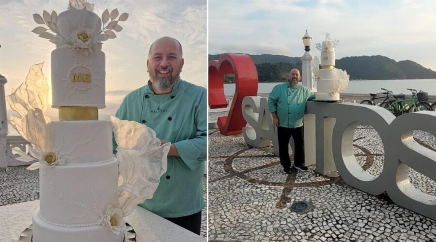 Bolo de luxo avaliado em R$ 10 mil é montado na praia de Santos e viraliza nas redes; VÍDEO