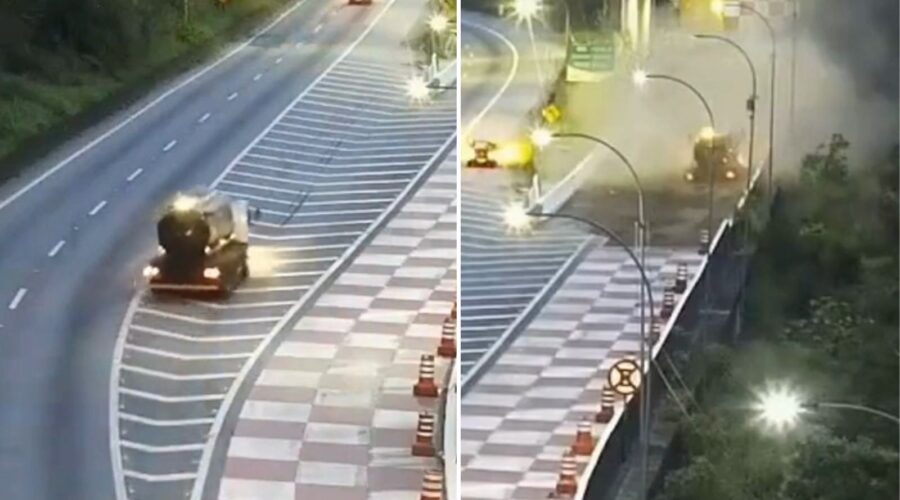 Carreta perde freios em serra e motorista 'se salva' em área de escape na Régis Bittencourt; VEJA