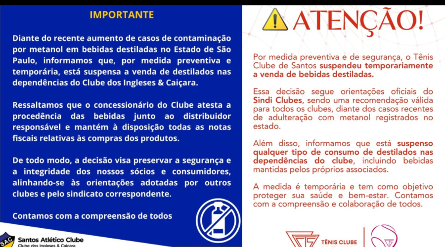 Clubes em Santos suspendem venda de destilados após casos de intoxicação por metanol; entenda