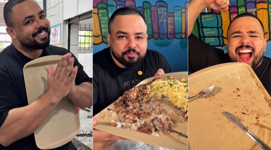 Influenciador come mais de 3 kg de feijoada em merenda de escola de SP eleita a melhor do mundo; VÍDEO