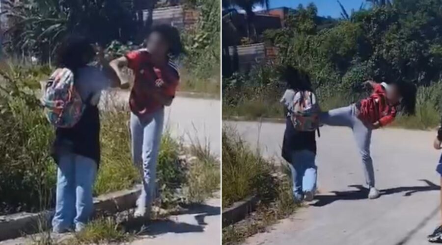Aluna de 13 anos agride colega com socos e chutes na saída de escola no litoral de SP; VÍDEO