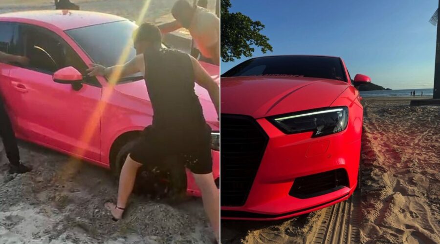 Carro de luxo atola em praia após turista estacionar para tirar foto na areia; VÍDEO