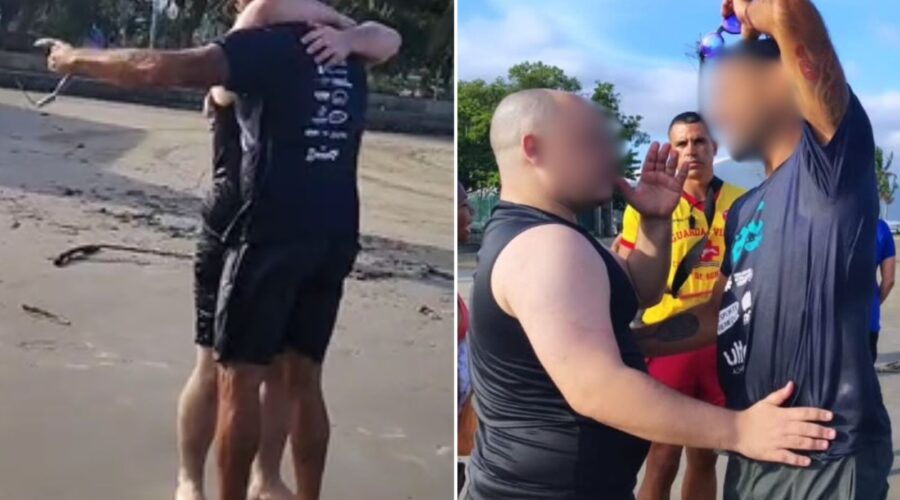 Turista salvo de afogamento no litoral de SP se emociona ao rever barqueiro herói; veja o abraço