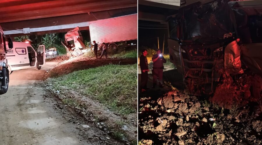 Carreta despenca de ponte na Régis Bittencourt; motorista fica preso na cabine