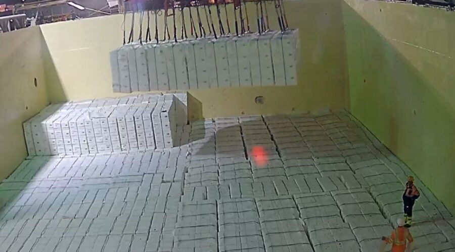 Cabo rompe e carga de celulose despenca em navio no Porto de Santos; VÍDEO