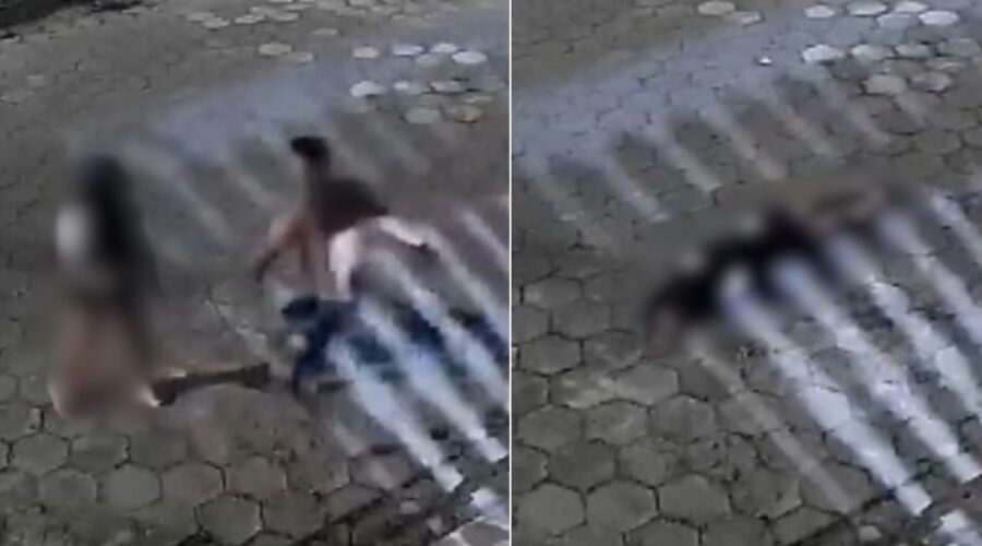 Mulher é espancada pelo companheiro e desmaia na rua no litoral de SP; VÍDEO