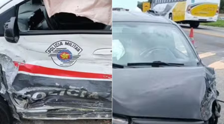 Carro invade pista na contramão e bate em viatura da PM no litoral de SP; VÍDEO