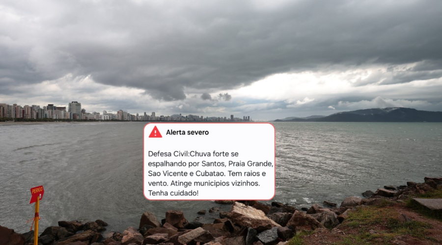 Defesa Civil dispara alerta severo de chuva forte, raios e ventania para Santos, Praia Grande, São Vicente e Cubatão
