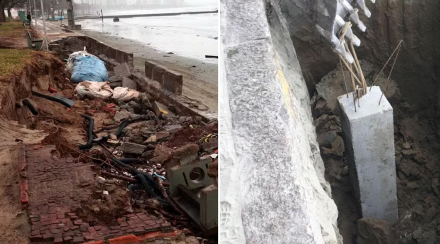 Santos instala estacas em trecho do calçadão da orla destruído por ressaca
