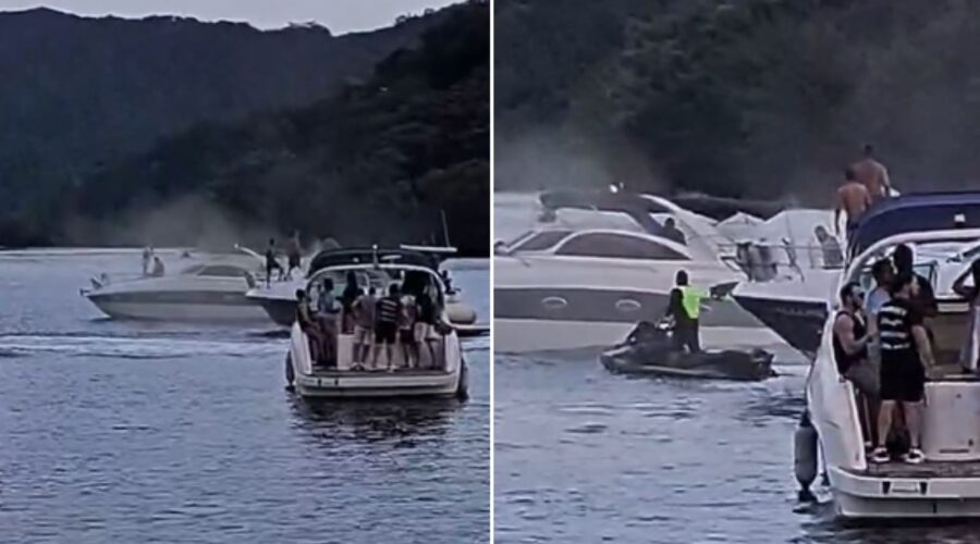 Lancha pega fogo e tripulantes são resgatados no litoral de SP; VÍDEO