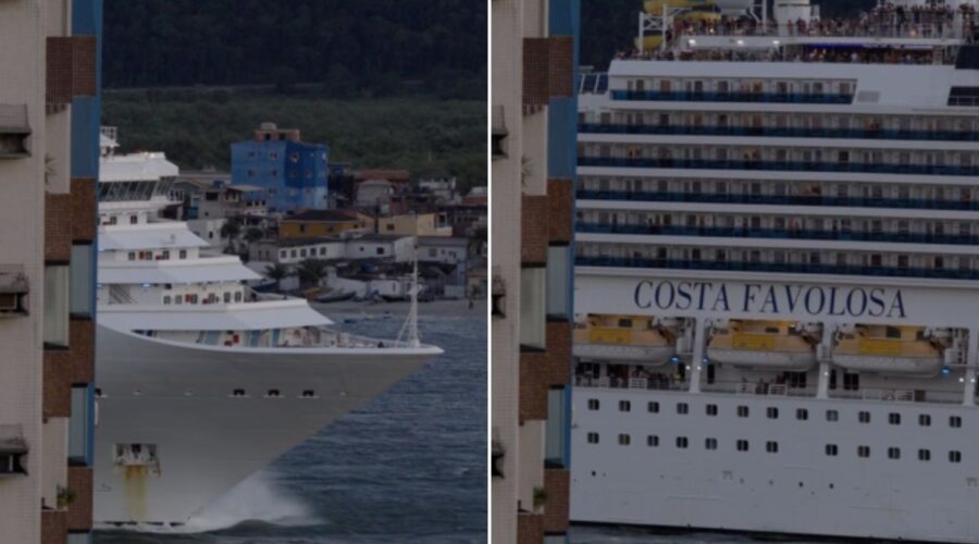 Vídeo registra navio de cruzeiros ‘saindo’ de prédio no litoral de SP; ASSISTA