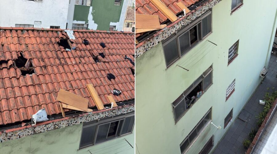 Homem joga eletrodomésticos e roupas pela janela durante briga de casal e destrói telhado de condomínio no litoral de SP; VÍDEO