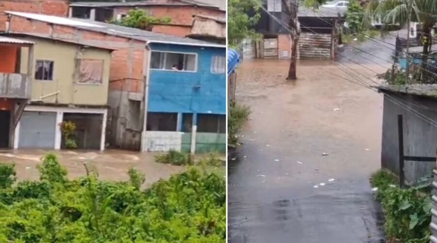 Chuva deixa desabrigados, provoca desabamentos e mobiliza resgates em áreas alagadas no litoral de SP; VÍDEO