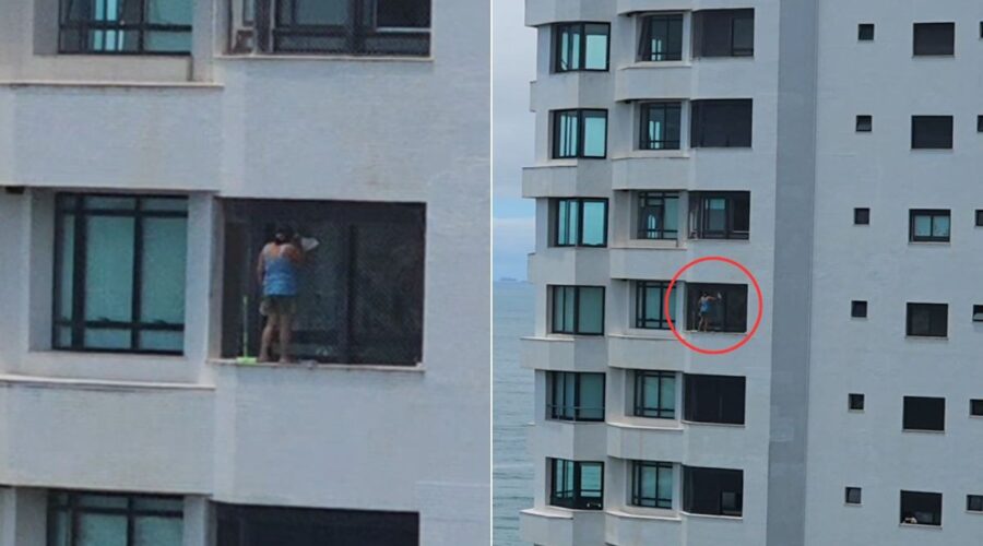 Mulher é filmada em pé no parapeito de prédio de luxo à beira-mar no litoral de SP; VÍDEO