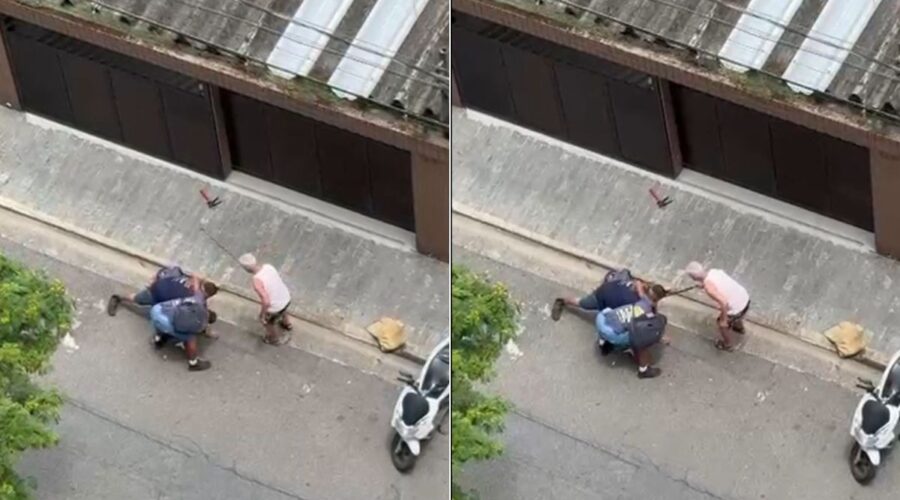 Ladrão é imobilizado e agredido com bengaladas após roubar idoso no litoral de SP; VÍDEO