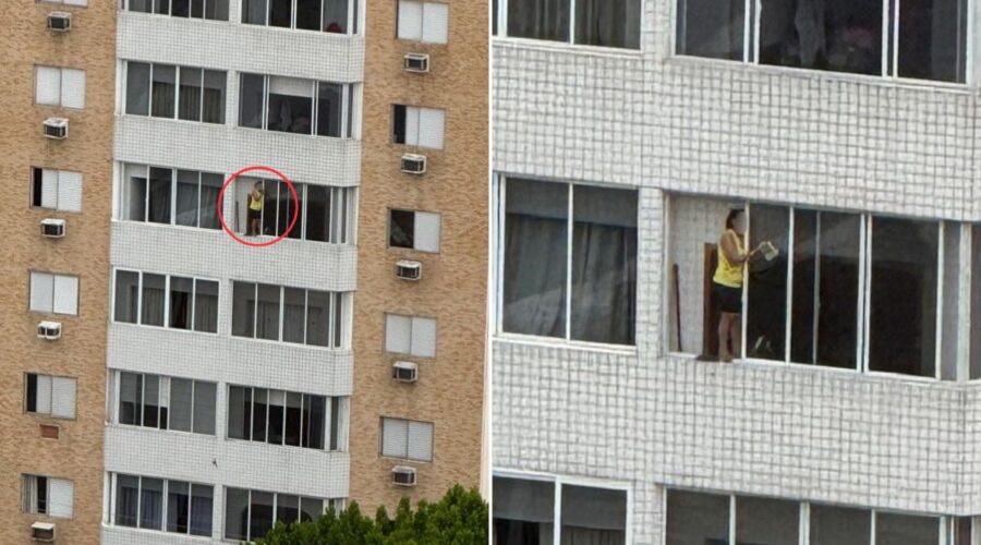 Mulher é vista agarrada à janela durante limpeza em prédio no litoral de SP; VEJA
