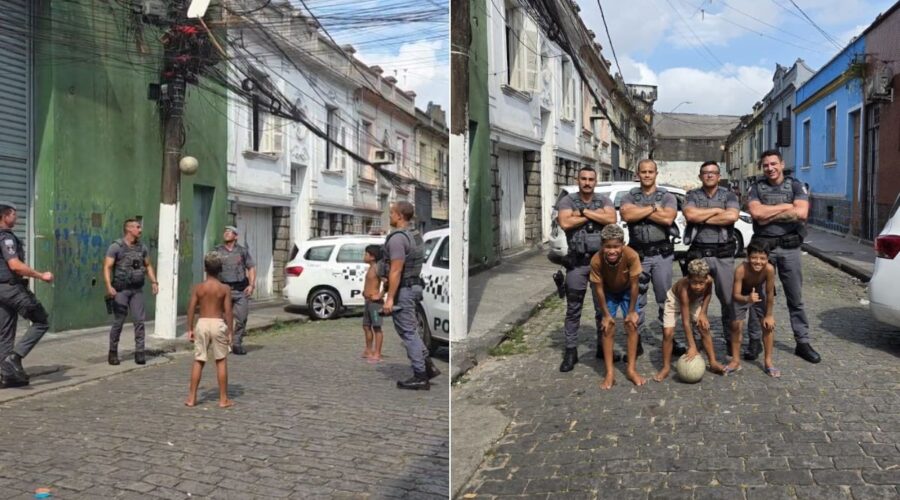 PMs jogam bola com crianças em comunidade do litoral de SP e ação viraliza: 'experiência marcante'; VÍDEO