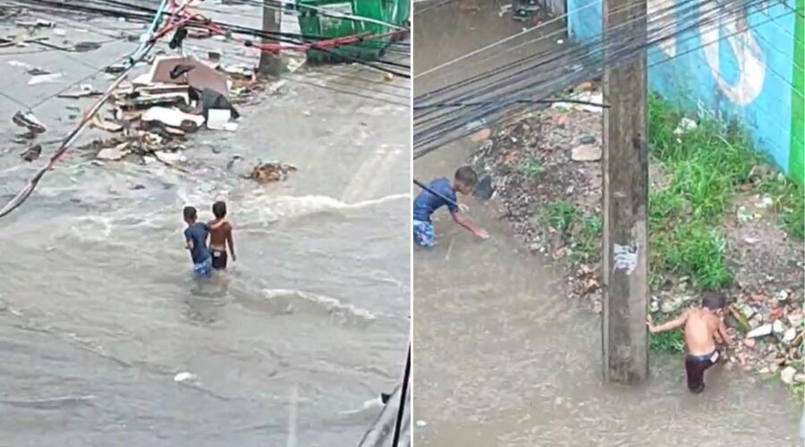 Crianças quase são atropeladas por caminhão durante enchente no litoral de SP; VÍDEO