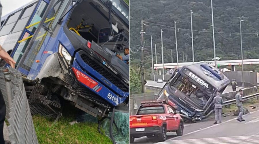 Ônibus perde o controle, destrói mureta e fica atravessado em canteiro de rodovia no litoral de SP; VÍDEO