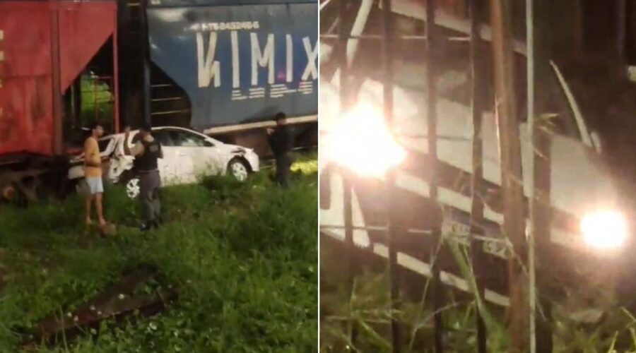 Carro atravessa a linha férrea e é arrastado por trem no litoral de SP; VÍDE