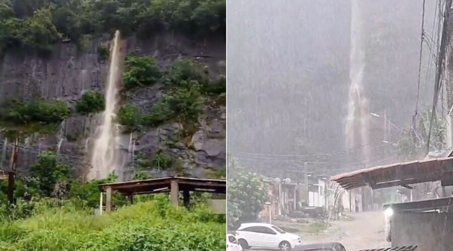 Chuva causa destruição e cria 'cachoeira' em morro no litoral de SP; VÍDEO