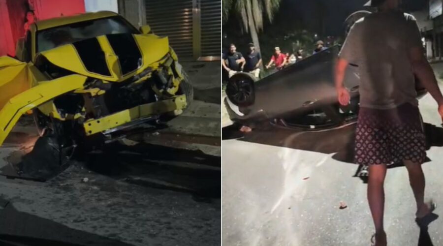 Colisão com Camaro amarelo causa capotamento e tumulto no litoral de SP; VÍDEO