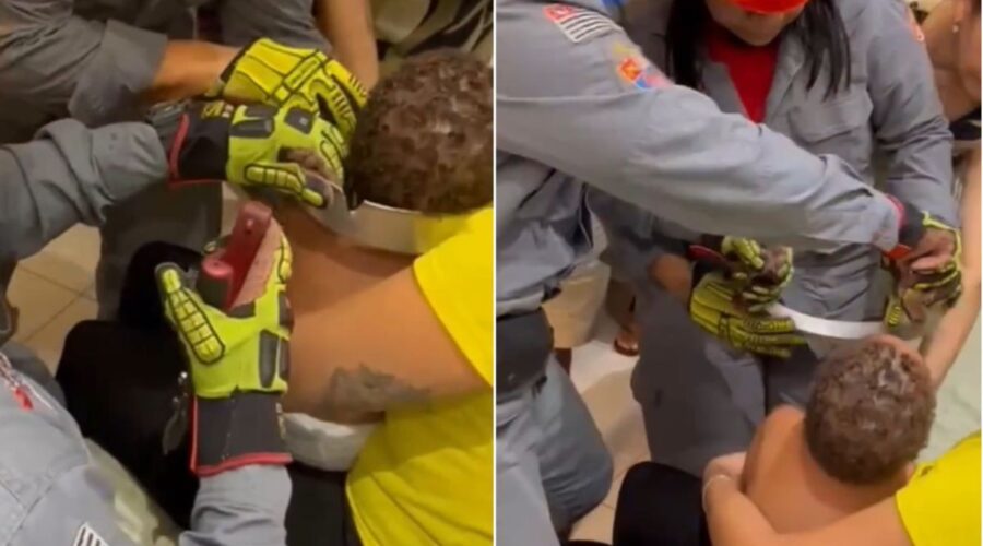 Bebê de 1 ano é resgatado com a cabeça presa em forma de bolo no litoral de SP; VÍDEO