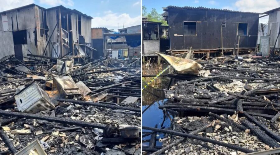 Incêndio destrói quatro casas e deixa outras duas danificadas em Cubatão; VÍDEO