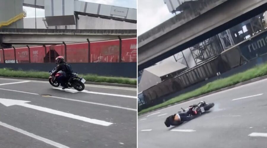 Motociclista é filmado ao cair após passar por buraco em avenida do litoral de SP