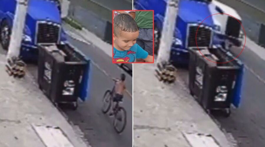 Vídeo mostra menino passando de bicicleta entre caminhões antes de ser atropelado e morrer no litoral de SP