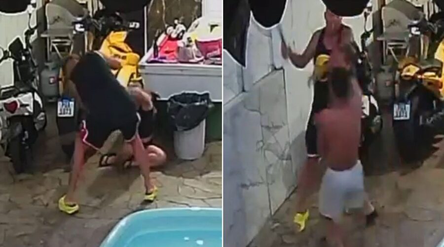 Câmera flagra homem agredindo esposa e o enteado com facão no litoral de SP; VÍDEO