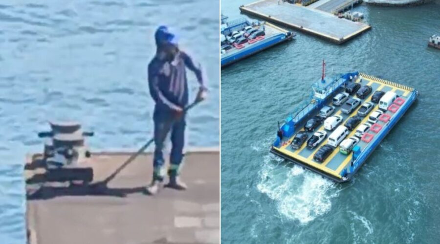 Funcionário é flagrado em balsa despejando resíduos de obras no mar; VÍDEO