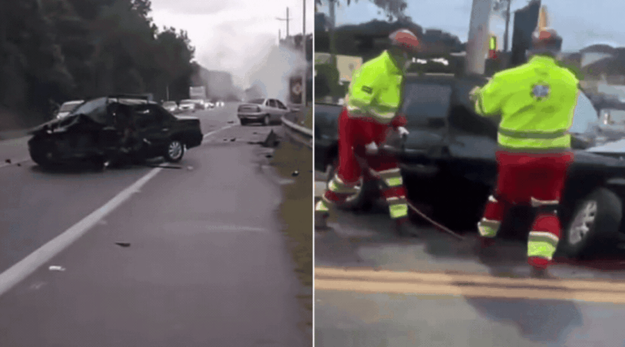 Motorista fica preso às ferragens após colisão frontal na Rodovia Rio-Santos; VÍDEO