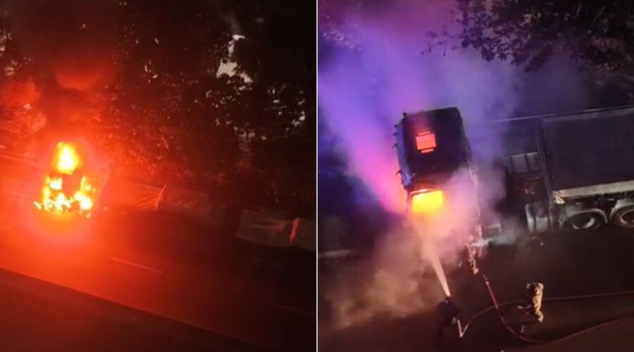 Caminhão carregado com pisos e azulejos pega fogo em rodovia no litoral de SP; VÍDEO