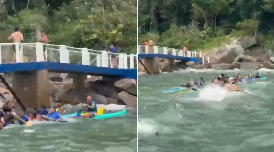Nove pessoas são resgatadas após canoas havaianas serem atingidas por correnteza no litoral de SP; VÍDEO