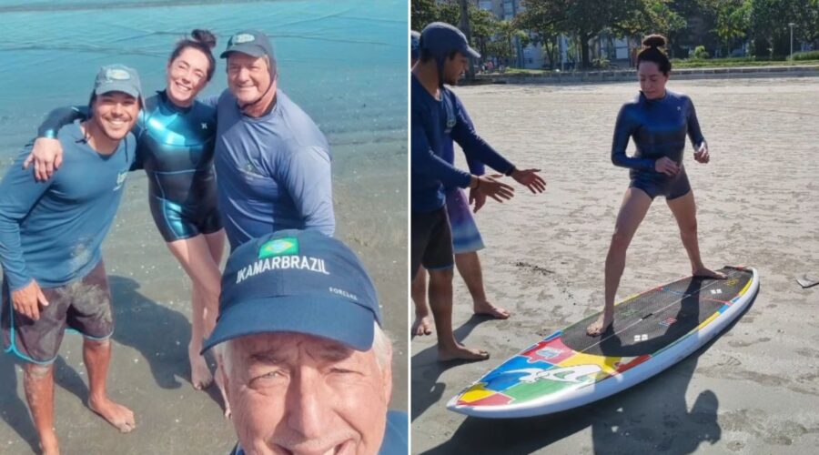 Christiane Torloni aprende a surfar aos 69 anos e educador revela: 'Pura inspiração'; VÍDEO